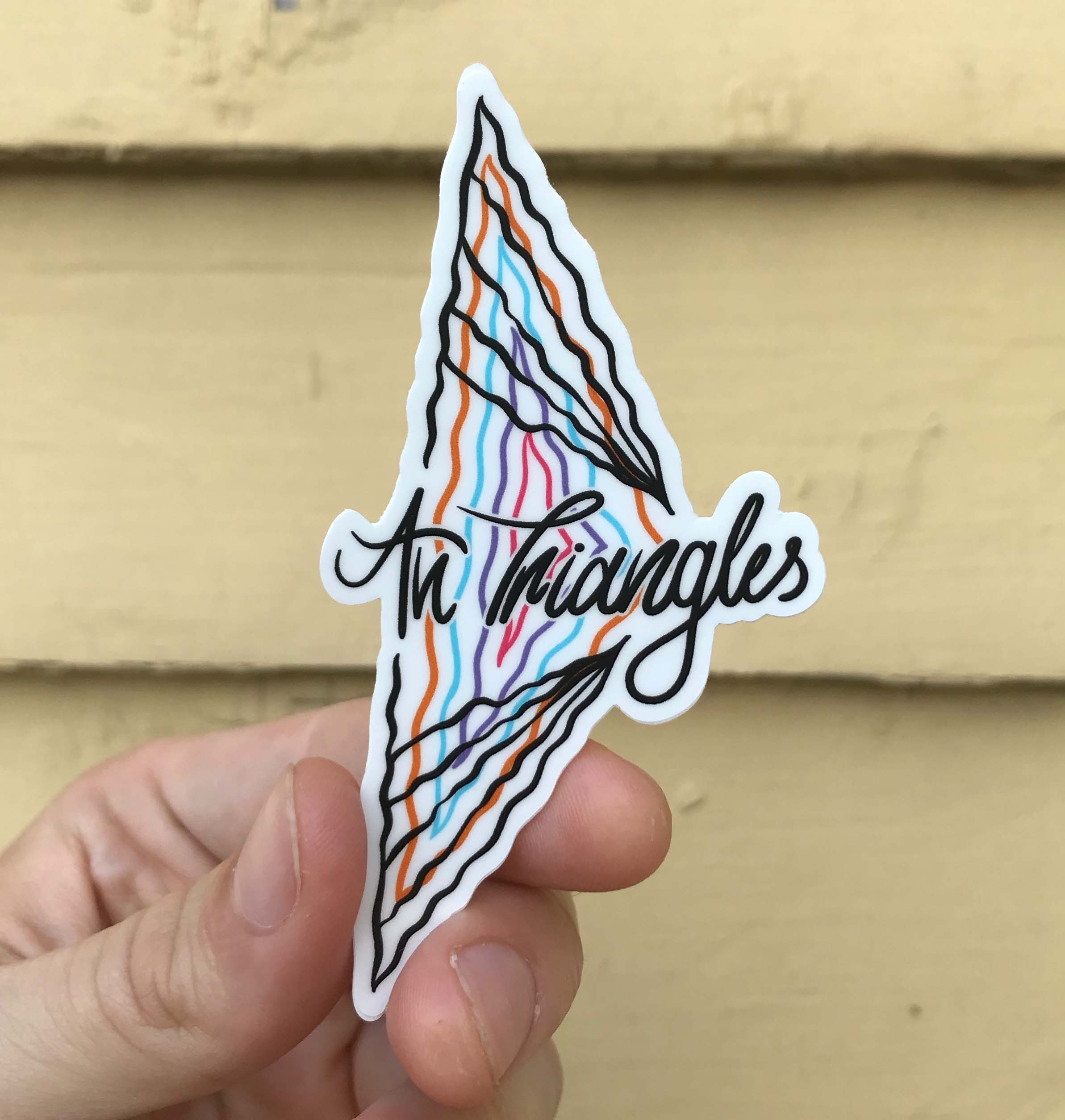 An Triangles sticker held in hand before a yellow background